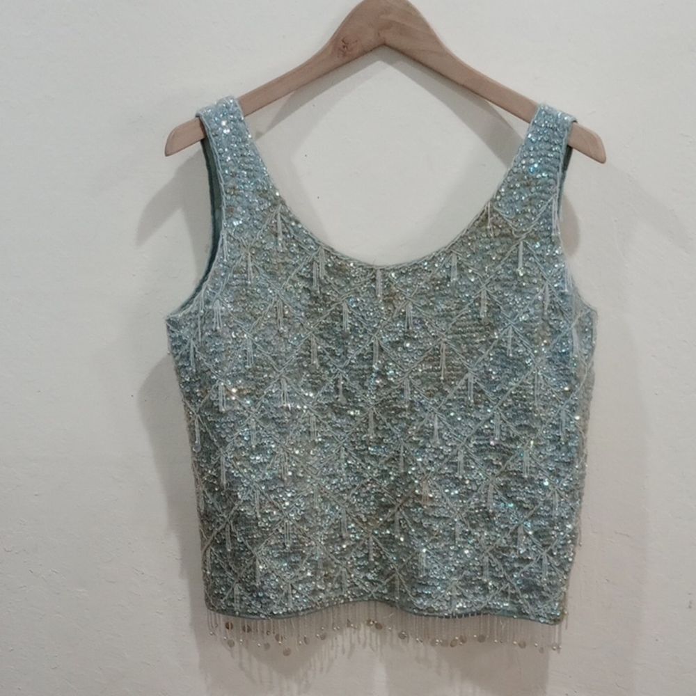 Aqua Blue Sequined Beaded Sleeveless Blouse - Vintage 50s! Size L